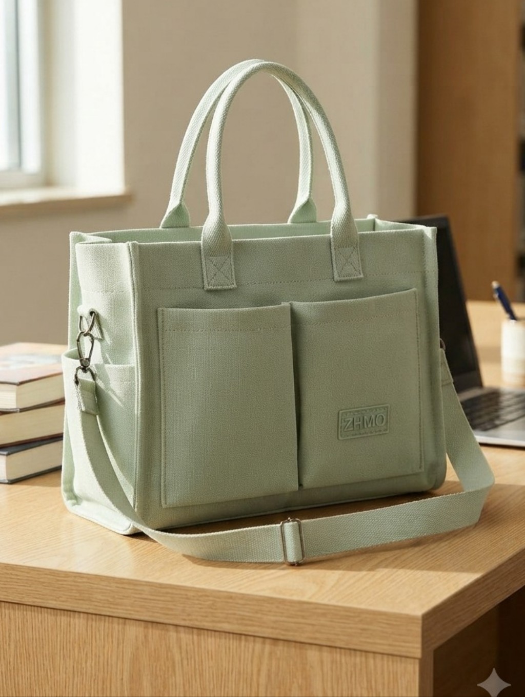 Zhmo Sage Green Canvas Multi-Pocket Utility Tote Crossbody Bag Commuter Work